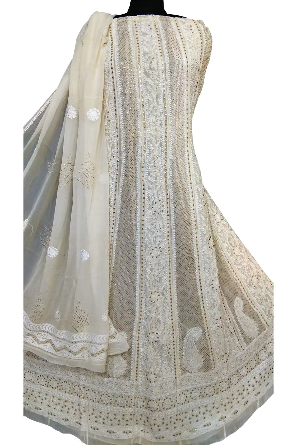 Dyeable Hand Embroidred Chikankari Georgette Anarkali Unstitched Suit Set With Mukaish Work