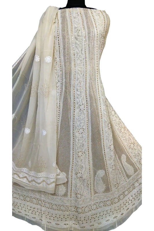 Dyeable Hand Embroidred Chikankari Georgette Anarkali Unstitched Suit Set With Mukaish Work - Luxurion World