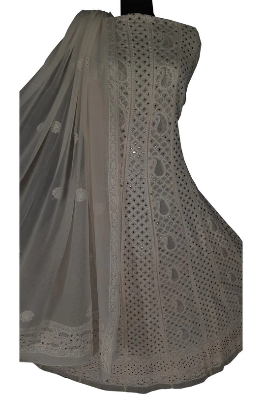 Dyeable Hand Embroidred Chikankari Pure Georgette Anarkali Unstitched Suit Set With Mukaish Work - Luxurion World