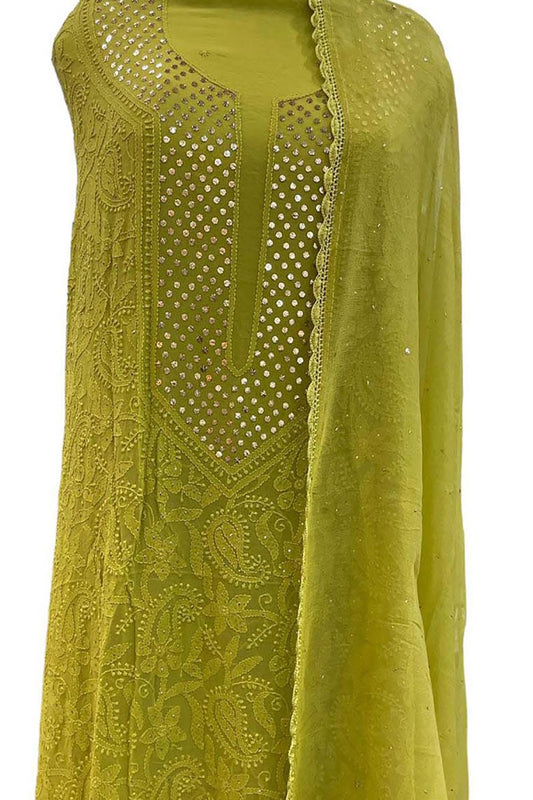 Exquisite Green Chikankari Georgette Suit Set: Hand-Embroidered Elegance