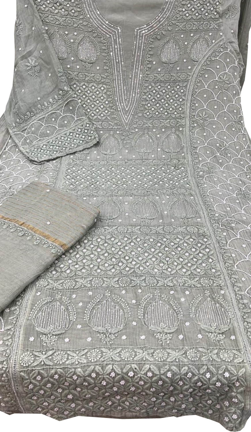 Elegant Grey Chikankari Chanderi Silk Suit Set with Beads & Sequins - Luxurion World