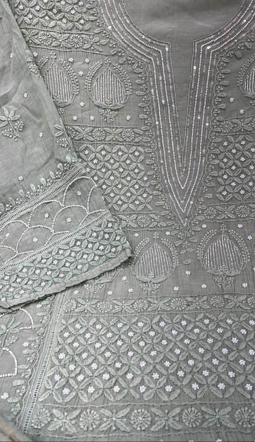 Elegant Grey Chikankari Chanderi Silk Suit Set with Beads & Sequins - Luxurion World
