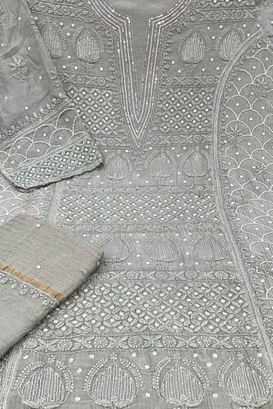 Elegant Grey Chikankari Chanderi Silk Suit Set with Beads & Sequins
