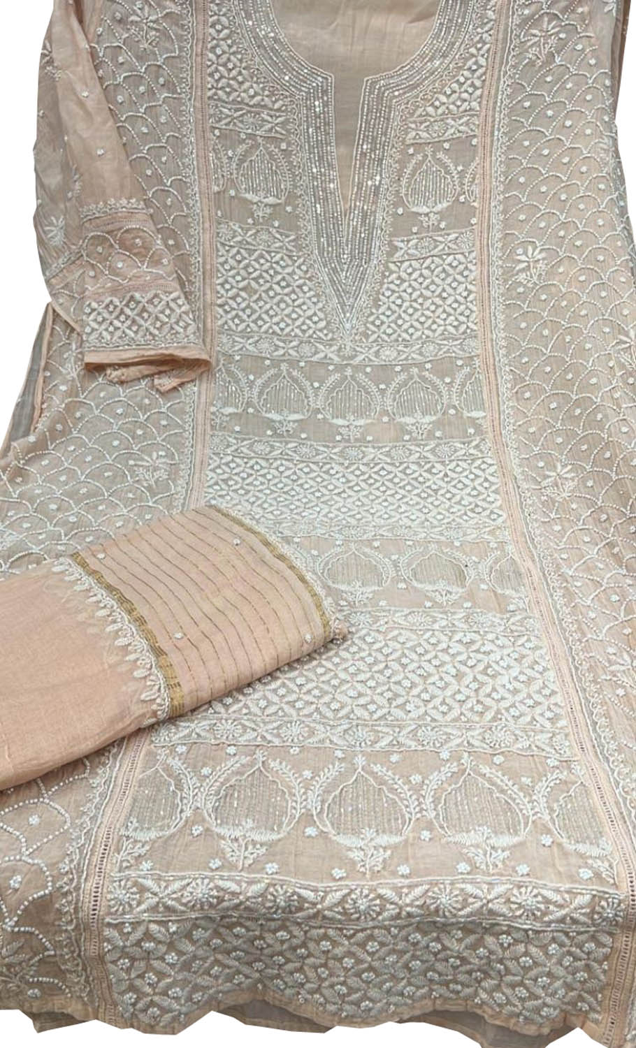 Orange Chikankari Chanderi Silk Suit Set with Beads & Sequins - Luxurion World