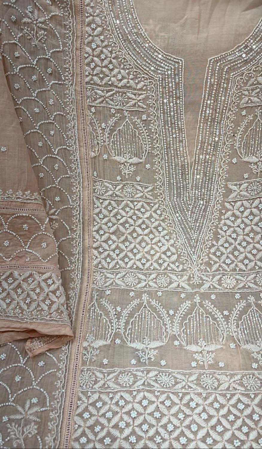 Orange Chikankari Chanderi Silk Suit Set with Beads & Sequins - Luxurion World