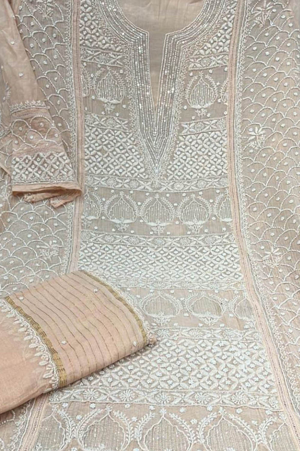 Orange Chikankari Chanderi Silk Suit Set with Beads & Sequins - Luxurion World