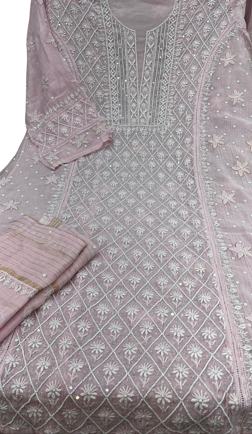 Chic Pink Chikankari Silk Suit Set with Beads & Sequins - Luxurion World