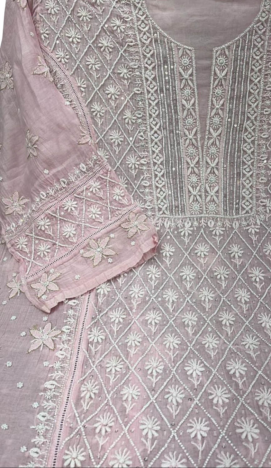 Chic Pink Chikankari Silk Suit Set with Beads & Sequins - Luxurion World