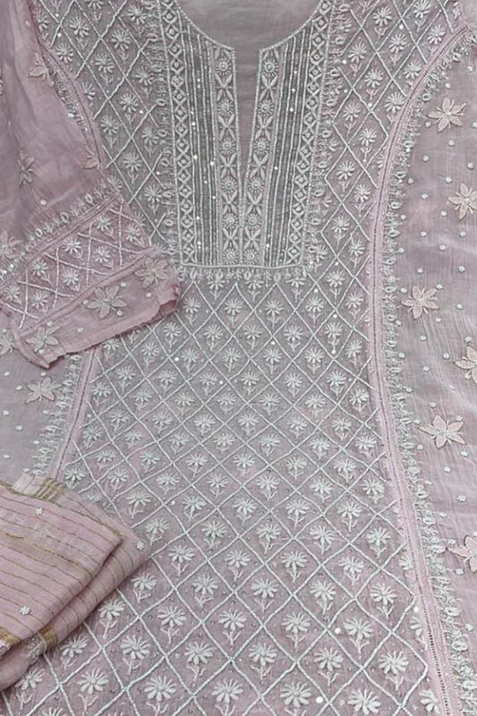 Chic Pink Chikankari Silk Suit Set with Beads & Sequins