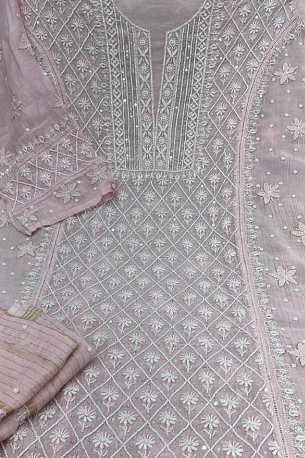 Chic Pink Chikankari Silk Suit Set with Beads & Sequins - Luxurion World
