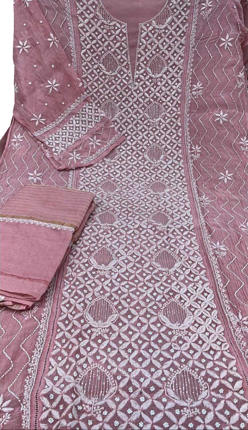 Chic Pink Chikankari Silk Suit with Beads & Sequins - Luxurion World