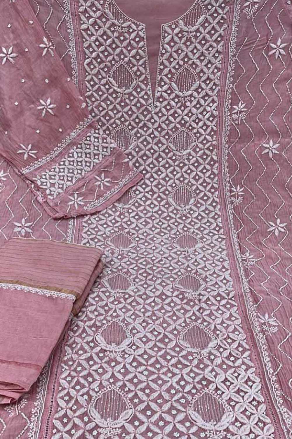 Chic Pink Chikankari Silk Suit with Beads & Sequins - Luxurion World