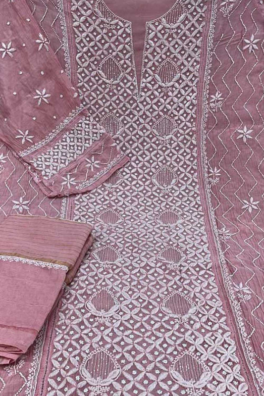 Chic Pink Chikankari Silk Suit with Beads & Sequins