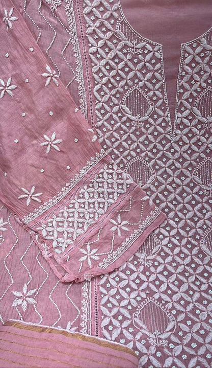 Chic Pink Chikankari Silk Suit with Beads & Sequins - Luxurion World