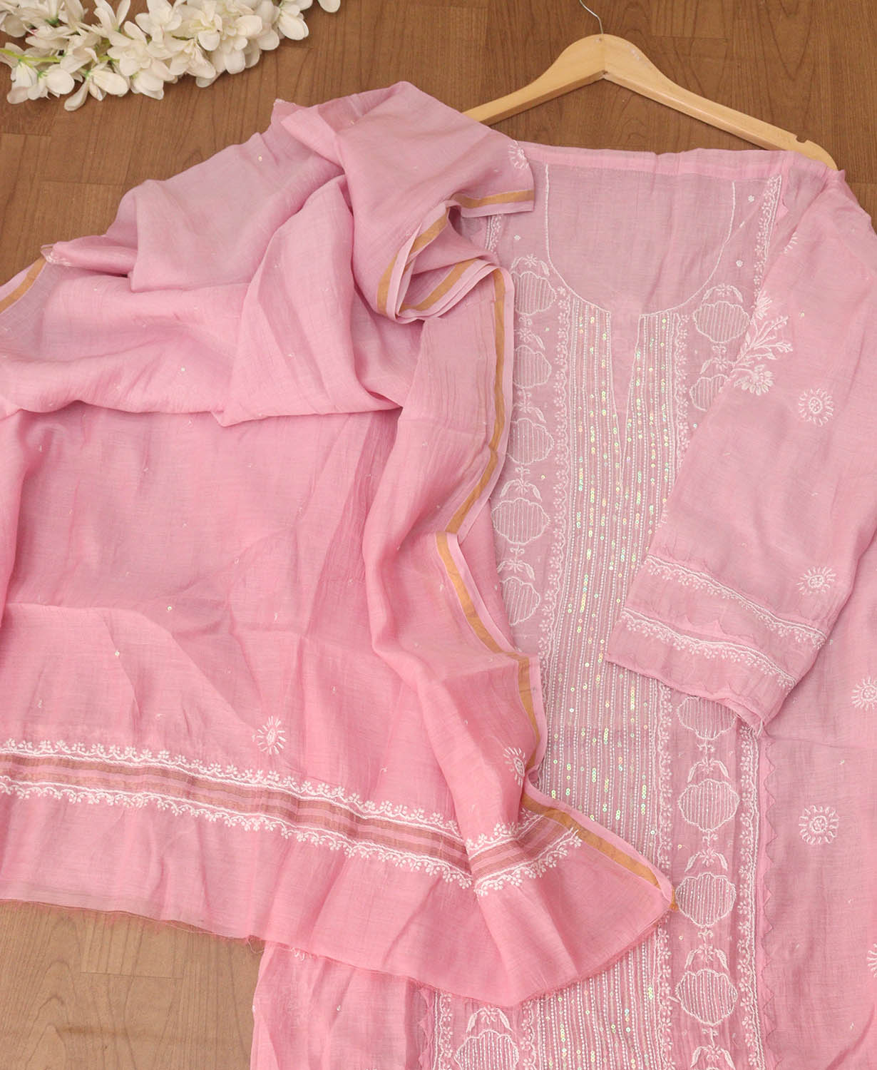 Chic Pink Chikankari Chanderi Silk Suit Set: Embroidered & Unstitched - Luxurion World