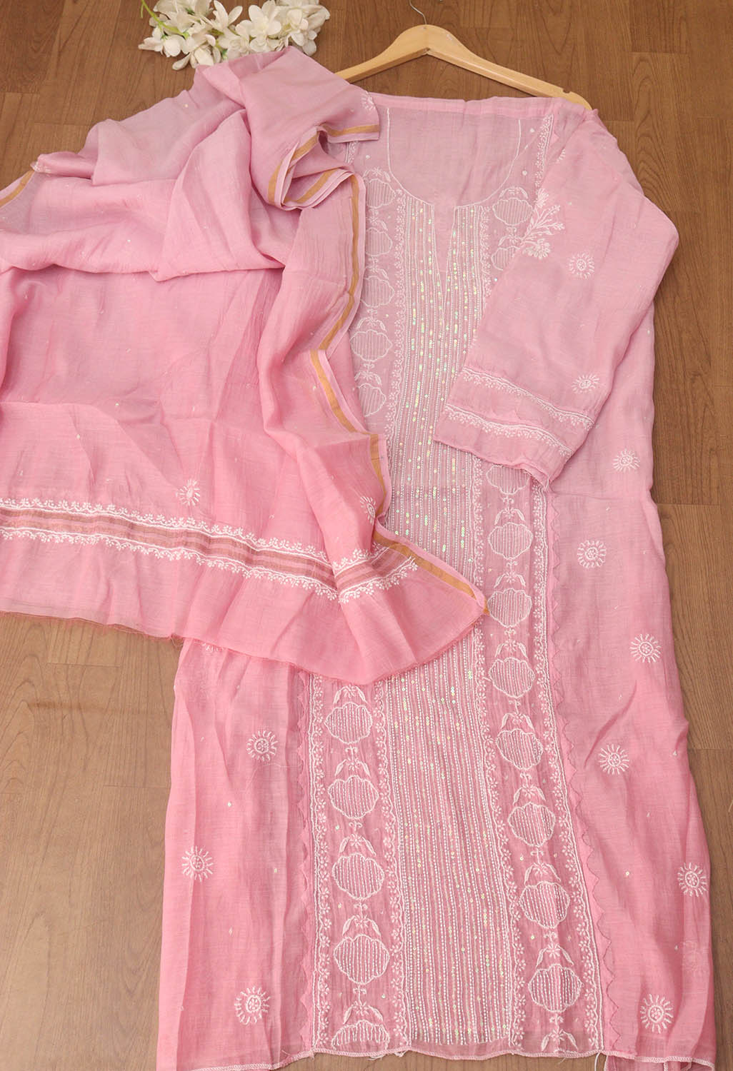 Chic Pink Chikankari Chanderi Silk Suit Set: Embroidered & Unstitched - Luxurion World