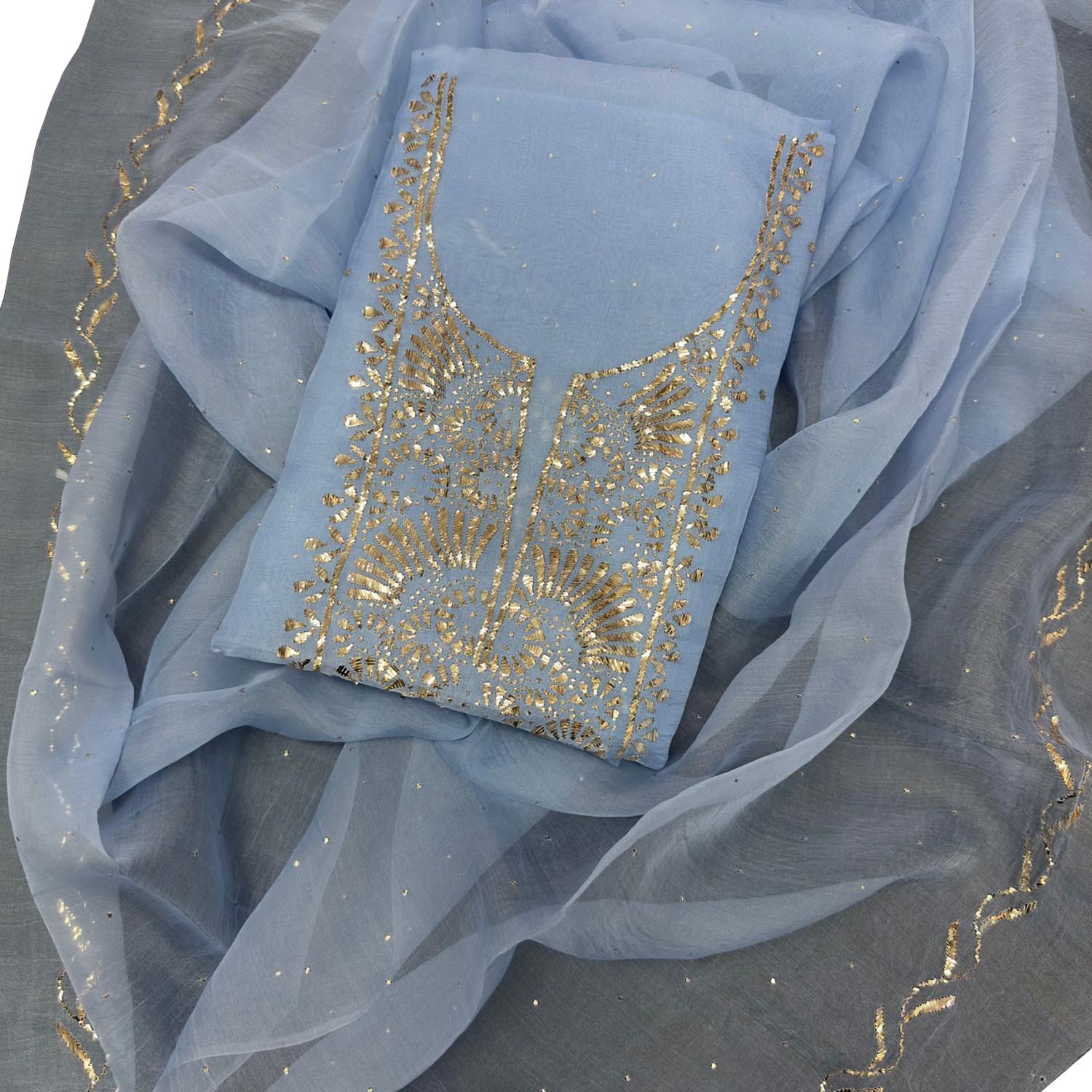 Stunning Blue Chanderi Silk Suit Set with Mukaish Work - Unstitched - Luxurion World