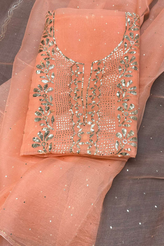 Stunning Orange Chanderi Silk Suit Set with Mukaish Work - Two Piece Unstitched