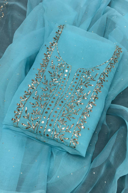 Stunning Blue Hand Mukaish Chanderi Silk Suit Set - Unstitched