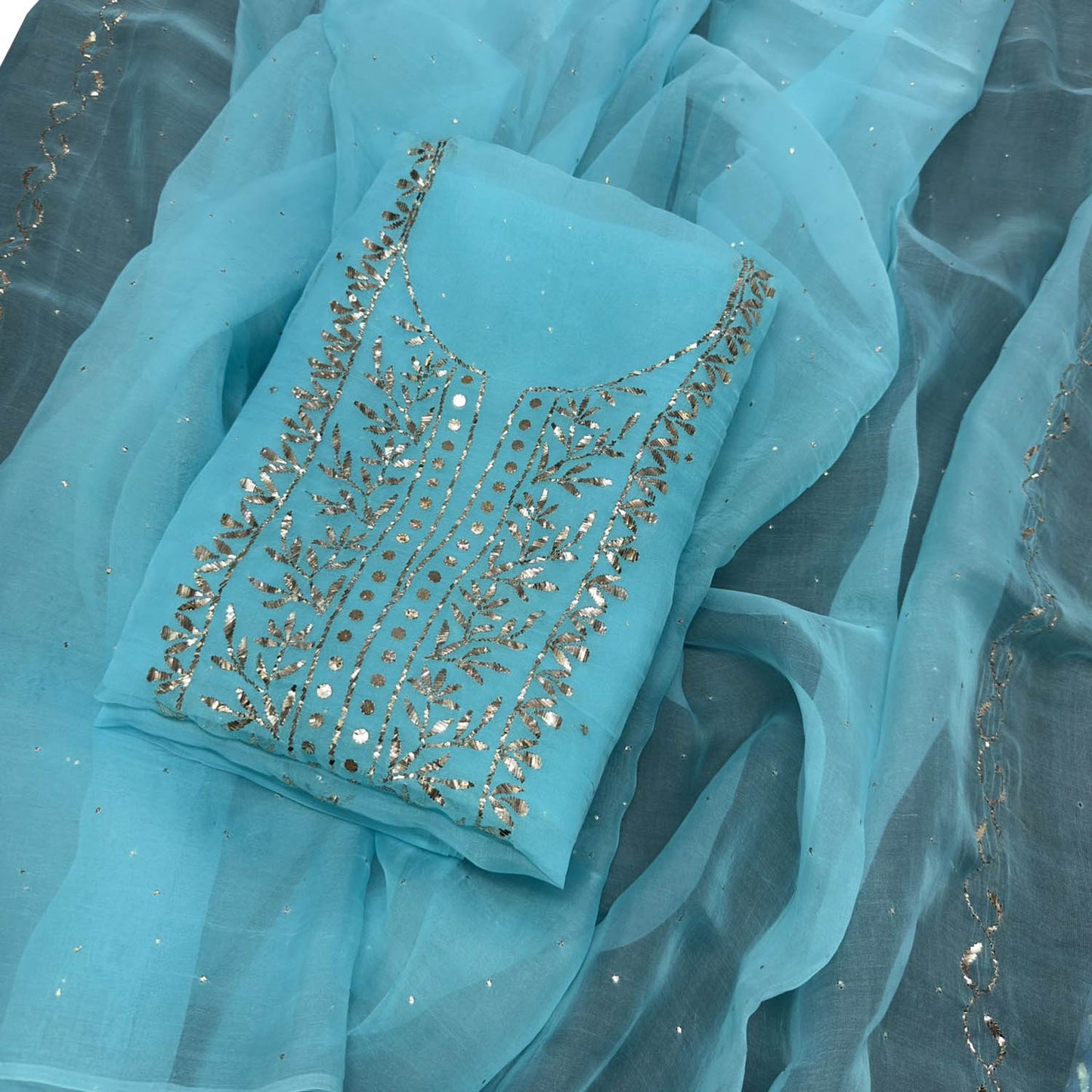 Stunning Blue Hand Mukaish Chanderi Silk Suit Set - Unstitched - Luxurion World