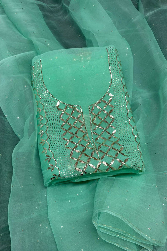 Stunning Green Hand Mukaish Chanderi Silk Suit Set - Unstitched