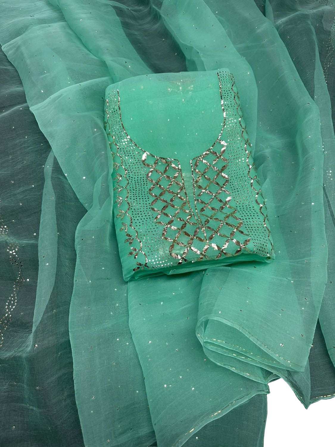 Stunning Green Hand Mukaish Chanderi Silk Suit Set - Unstitched