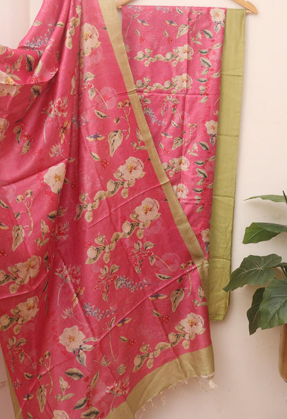Get Glamorous with Pink Tussar Moonga Suit - Digital Print, 3 Piece Set - Luxurion World