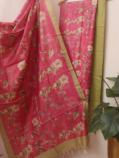 Get Glamorous with Pink Tussar Moonga Suit - Digital Print, 3 Piece Set - Luxurion World