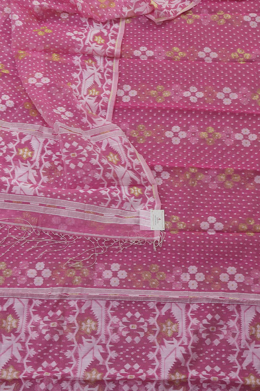 Stylish Pink Jamdani Cotton Silk Suit Set - Unstitched 2-Piece - Luxurion World
