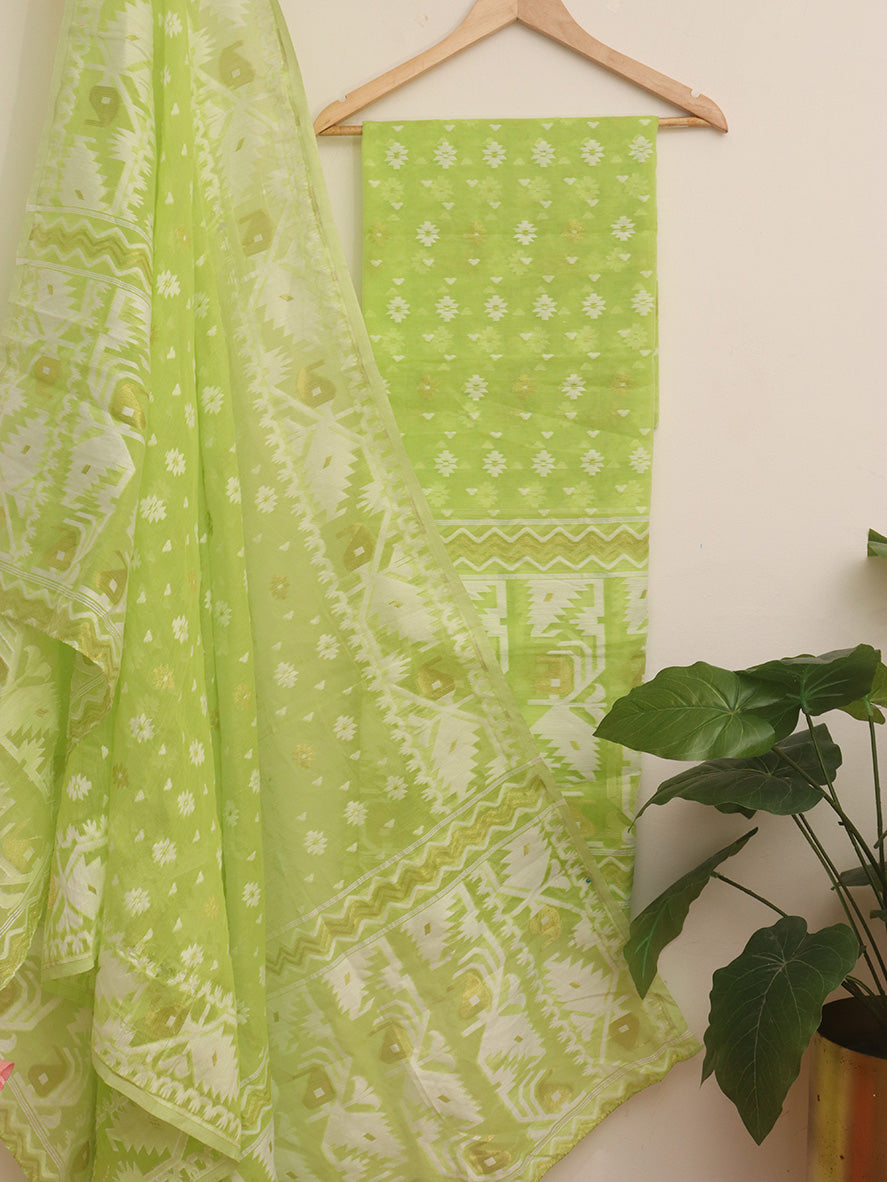Green Jamdani Cotton Silk Suit Set - Unstitched Two Piece Elegance - Luxurion World