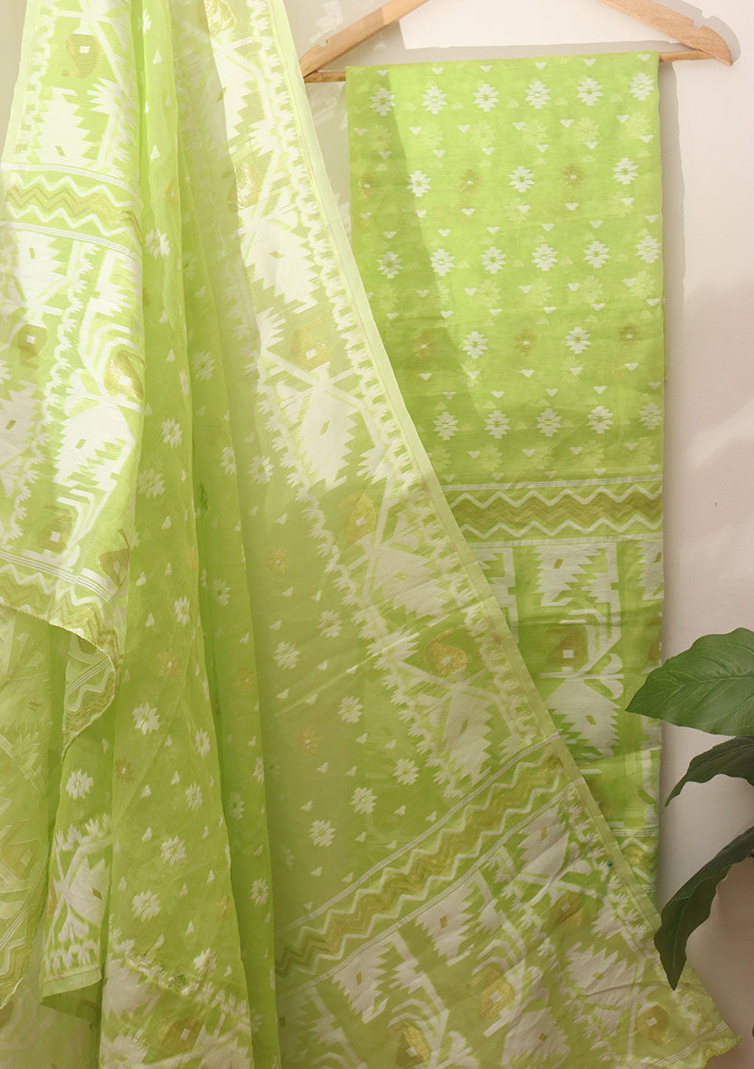 Green Jamdani Cotton Silk Suit Set - Unstitched Two Piece Elegance - Luxurion World