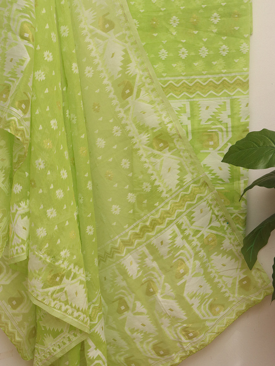 Green Jamdani Cotton Silk Suit Set - Unstitched Two Piece Elegance - Luxurion World