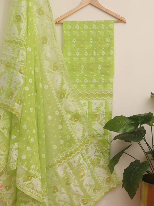 Green Jamdani Cotton Silk Suit Set - Unstitched Two Piece Elegance