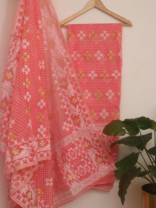 Stylish Pink Jamdani Cotton Silk Suit Set for Women - Unstitched Two Piece Set - Luxurion World