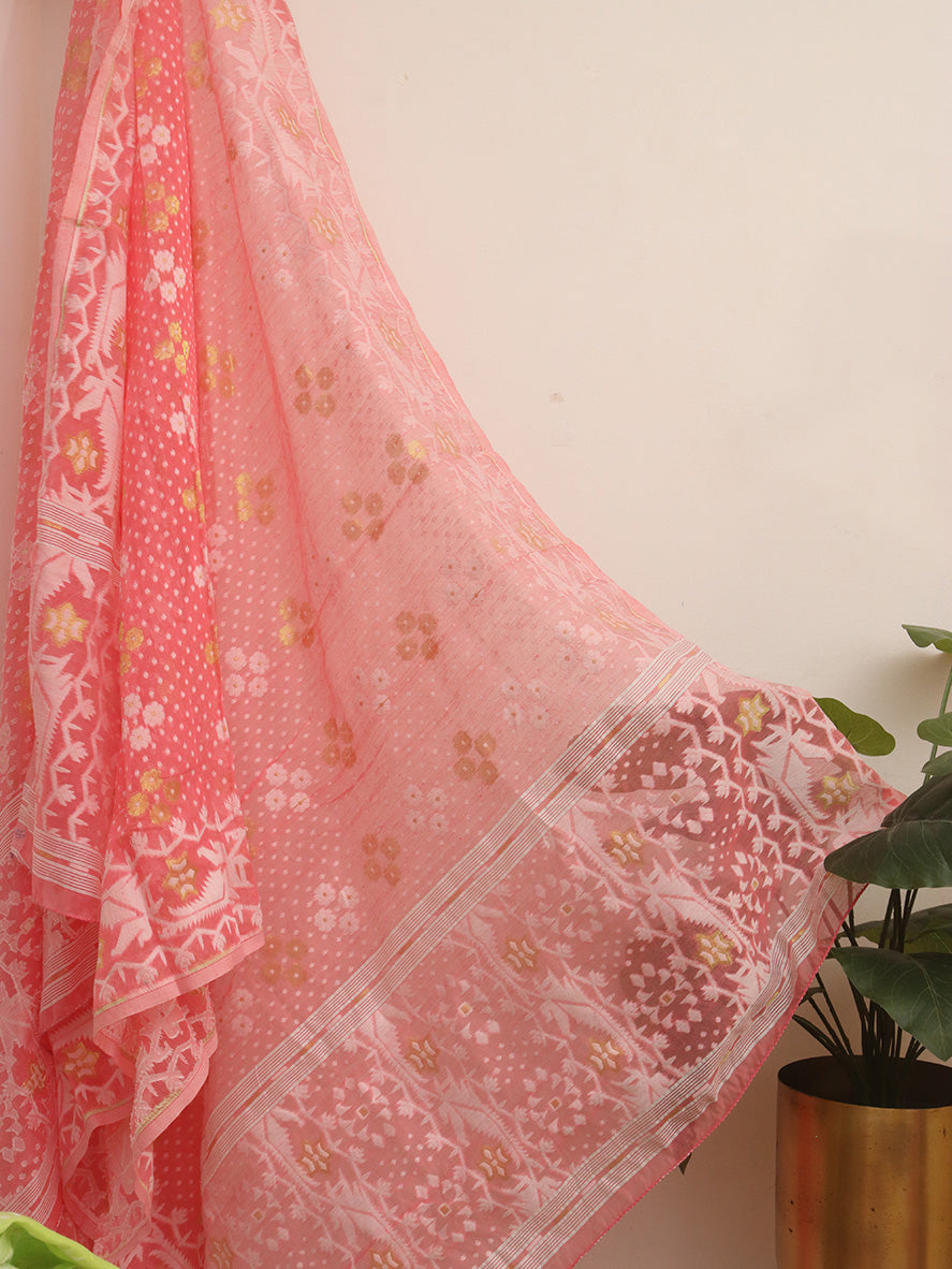 Stylish Pink Jamdani Cotton Silk Suit Set for Women - Unstitched