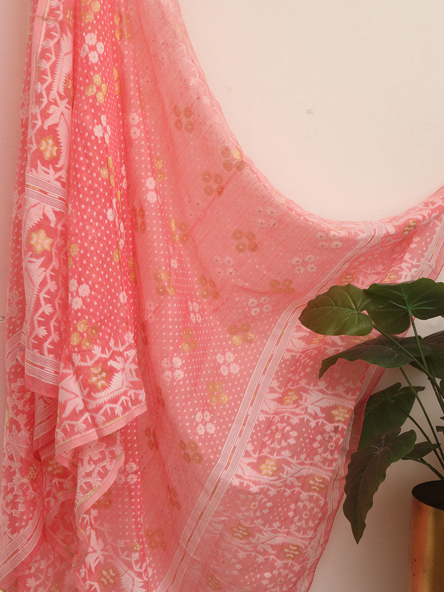 Stylish Pink Jamdani Cotton Silk Suit Set for Women - Unstitched Two Piece Set