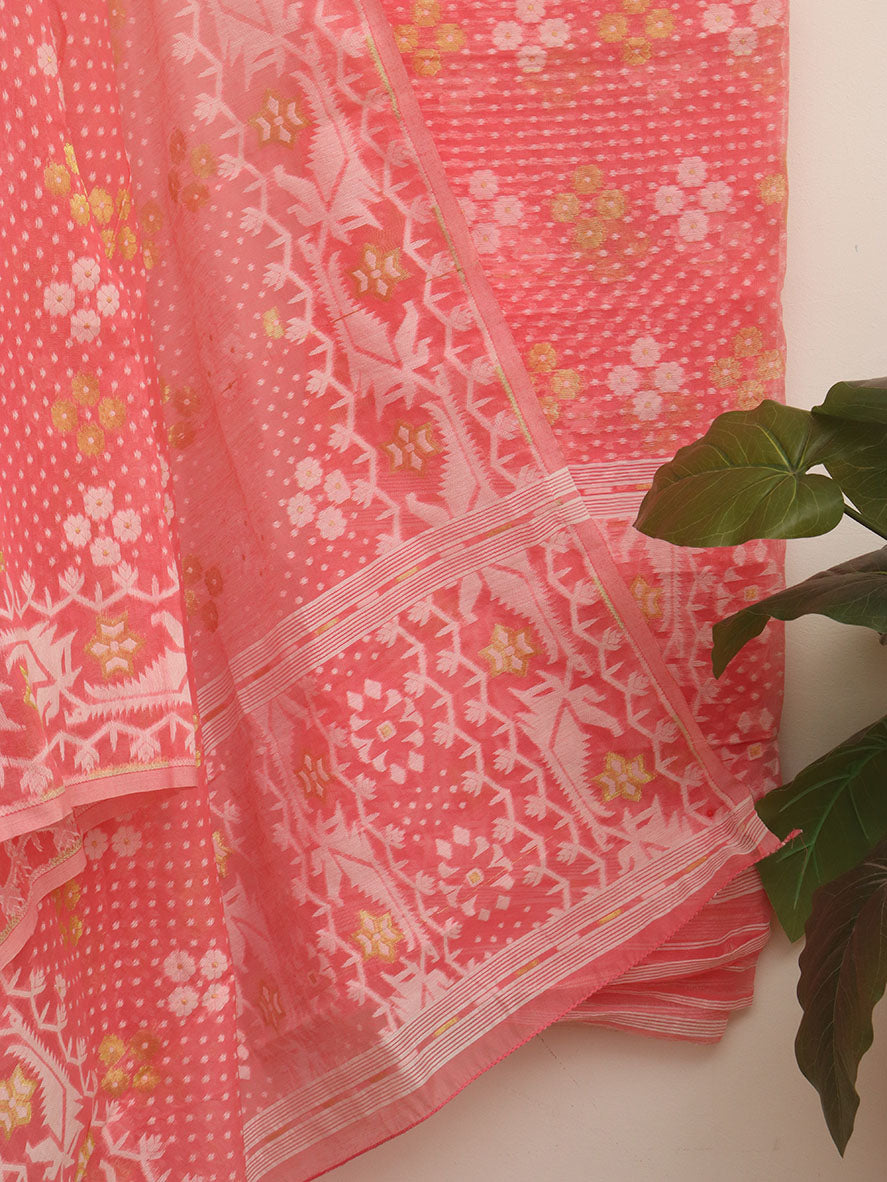 Stylish Pink Jamdani Cotton Silk Suit Set for Women - Unstitched Two Piece Set