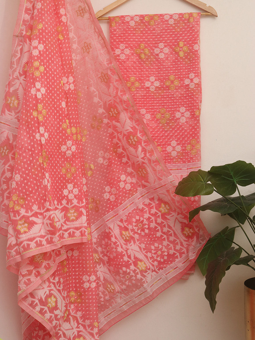 Stylish Pink Jamdani Cotton Silk Suit Set for Women - Unstitched Two Piece Set - Luxurion World