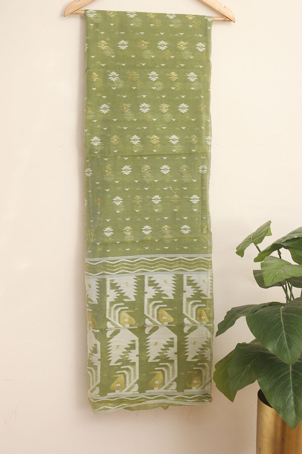 Green Jamdani Cotton Silk Two Piece Unstitched Suit Set - Luxurion World