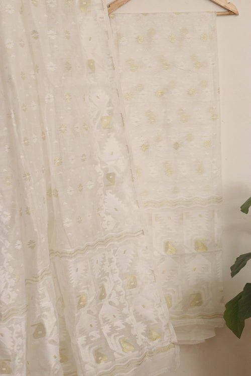 Off White Jamdani Cotton Silk Two Piece Unstitched Suit Set - Luxurion World