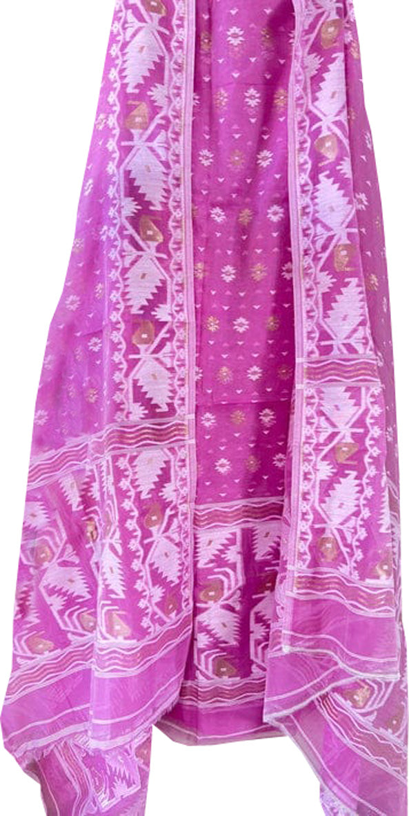 Pink Jamdani Cotton Silk Two Piece Unstitched Suit Set - Luxurion World