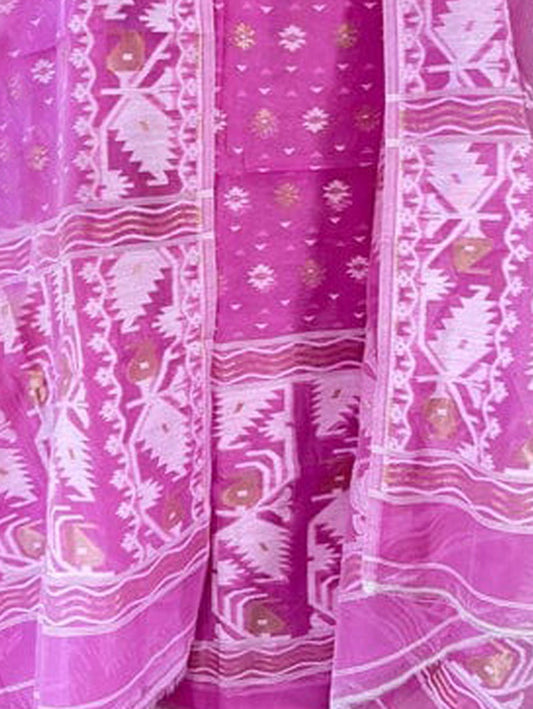 Pink Jamdani Cotton Silk Two Piece Unstitched Suit Set - Luxurion World
