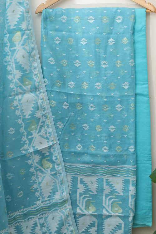 Blue Jamdani Cotton Silk Three Piece Suit Set - Luxurion World