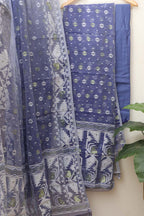 Blue Jamdani Cotton Silk Three Piece Unstitched Suit Set - Luxurion World