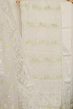 White Jamdani Cotton Silk Three Piece Unstitched Suit Set - Luxurion World
