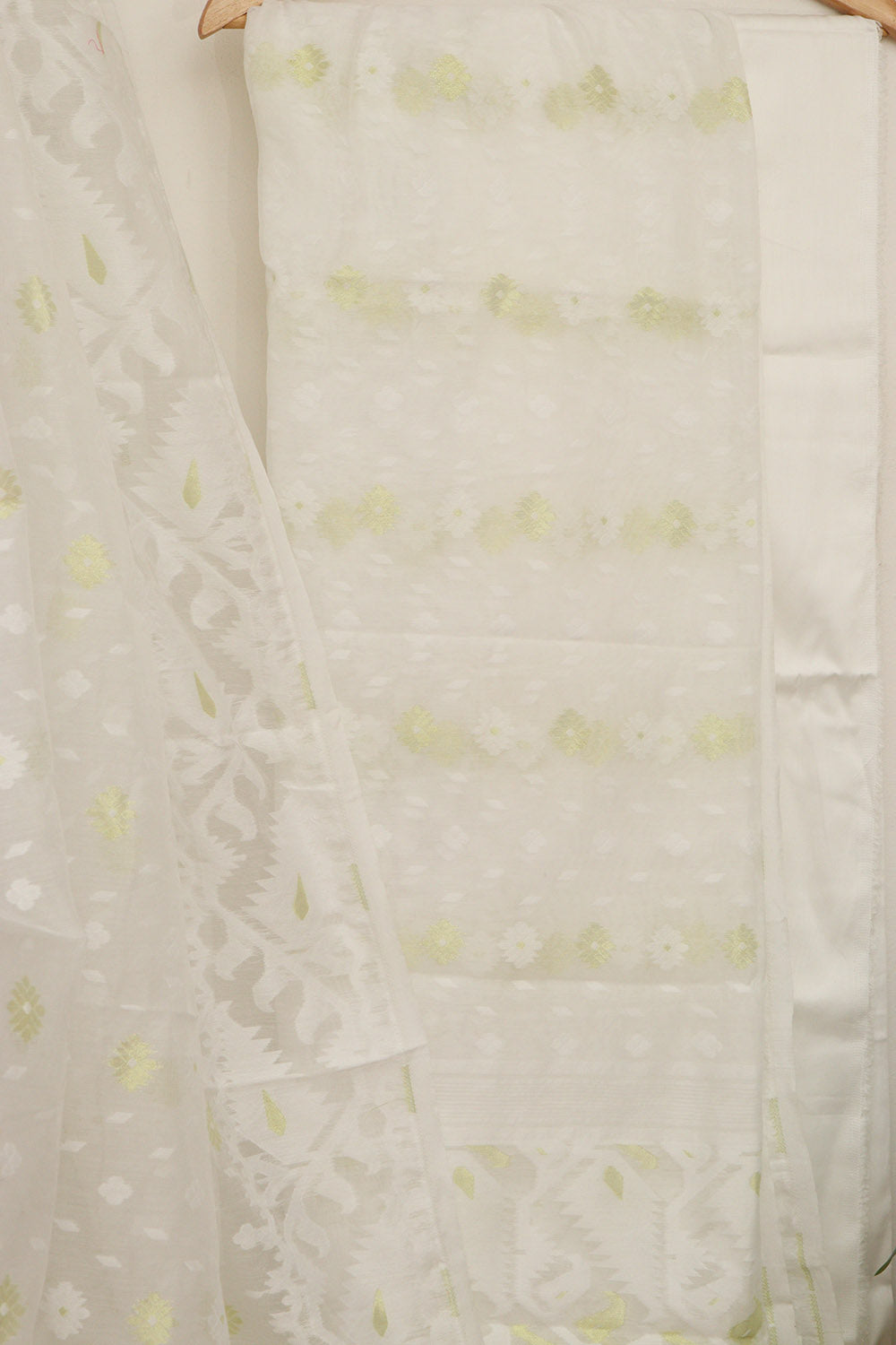 White Jamdani Cotton Silk Three Piece Unstitched Suit Set - Luxurion World