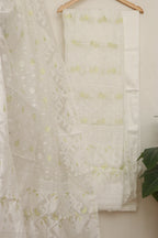 White Jamdani Cotton Silk Three Piece Unstitched Suit Set - Luxurion World