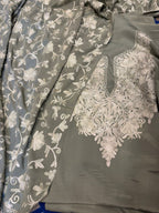 Grey Kashmiri Aari Work Crepe Three Piece Unstitched Suit Set