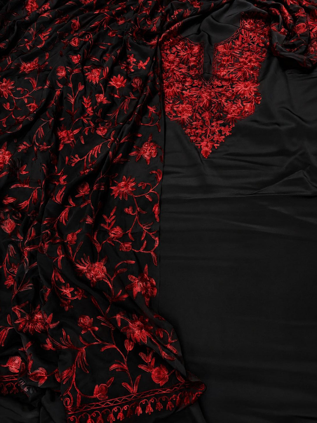 Black And Red Kashmiri Aari Work Crepe Three Piece Unstitched Suit Set