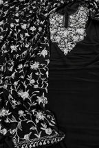 Black And White Kashmiri Aari Work Crepe Three Piece Unstitched Suit Set